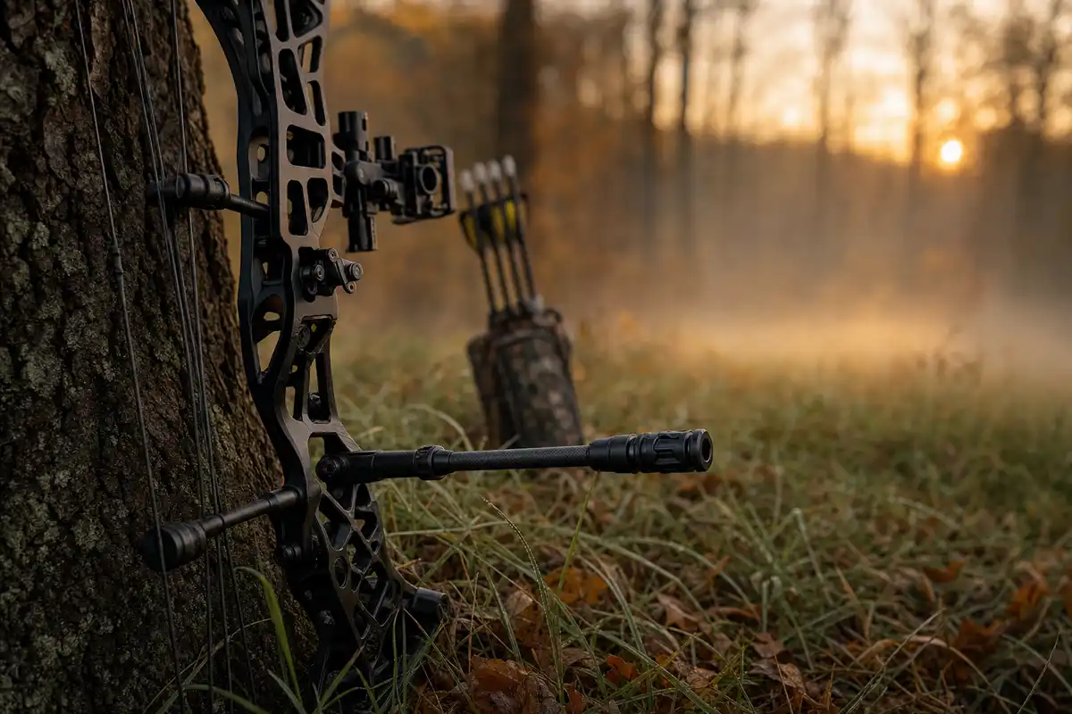 Compound hunting bow with the SteadyDraw stabilizer resting against a tree at dawn in fall woods