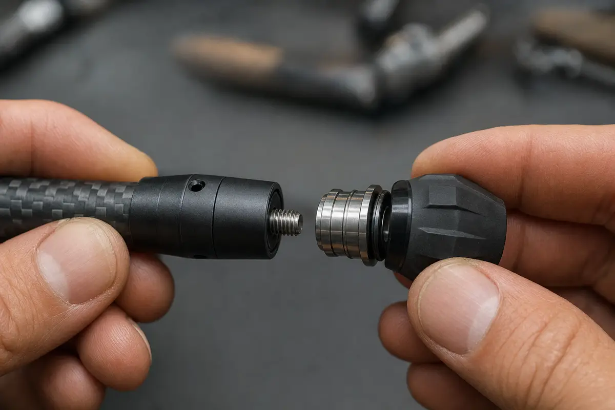 Hands unscrewing the stainless steel counterweight from the SteadyDraw stabilizer to tune balance