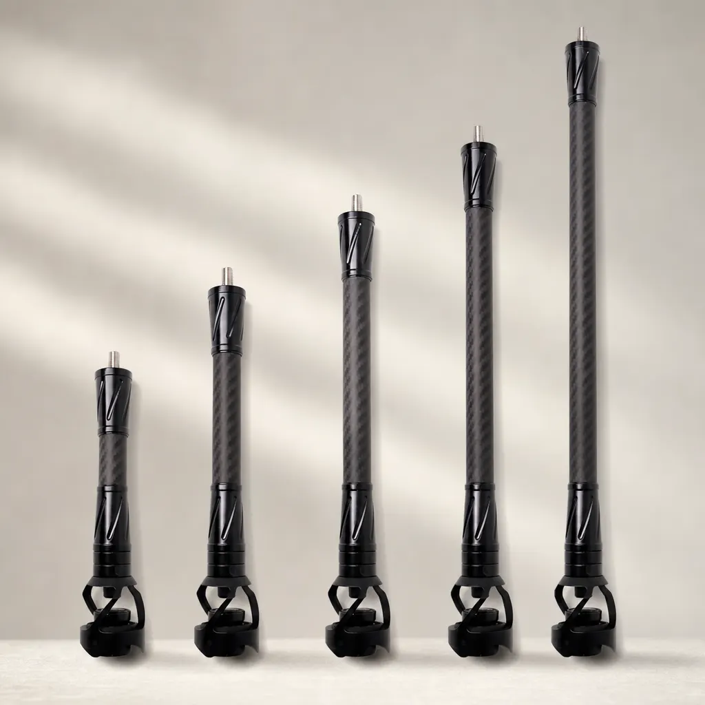 SteadyDraw bow stabilizer: black 3K carbon rod with stainless steel counterweight and damping ball