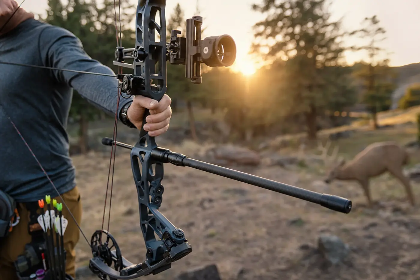 Black carbon bow stabilizer threaded into a compound bow riser at an outdoor archery range